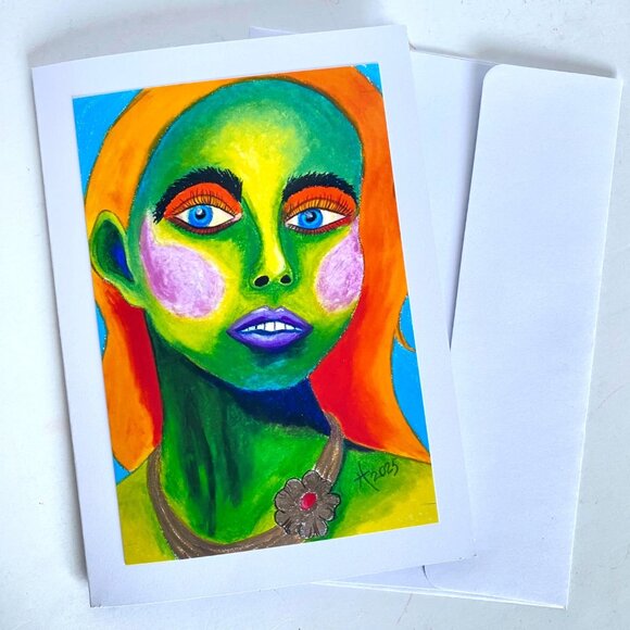 Green Girl Art Print 5x7in Blank Greeting Card and Envelope Suitable for Framing - Picture 4 of 4